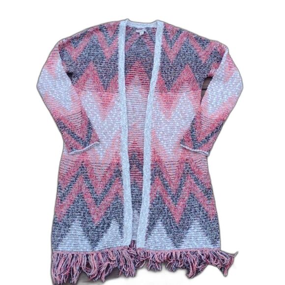 Lucky Brand Fringed Red and Pink Open Front Duster Cardigan Size Small - Picture 1 of 9